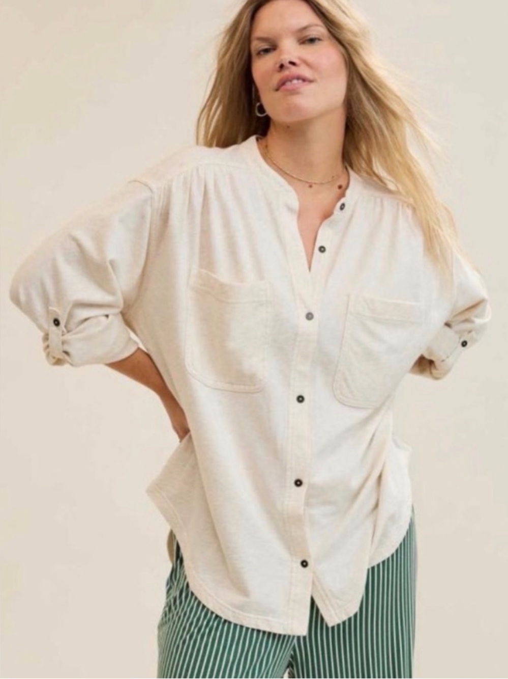 Aerie Collarless Roll Tab Cream Button-Front Pocket Shirt Jacket Large NWT